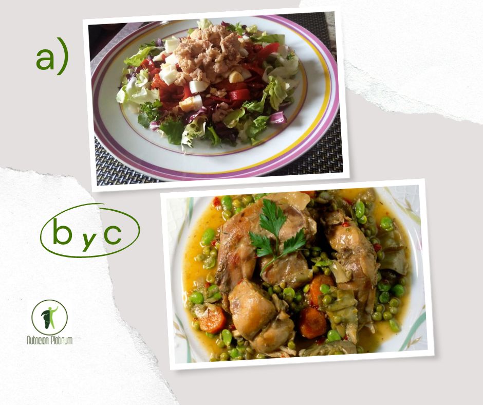 Ensalada de pimientos asados atún y huevo con conejo de monte en menestra